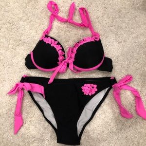 Pink and Black Bow Two Piece Bikini Swimsuit